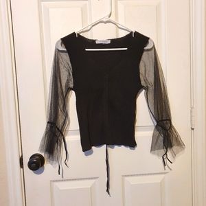 Black V-neck Mesh Sleeve Short